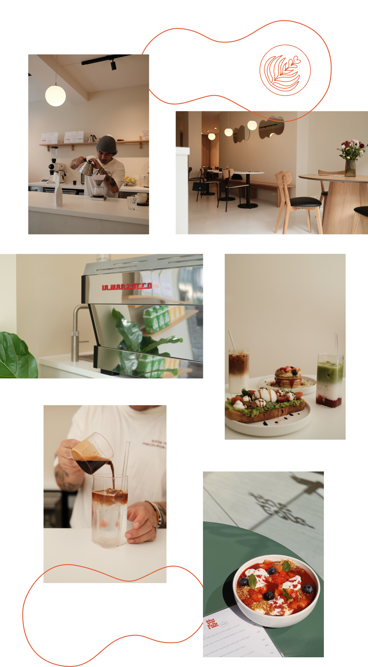 photo collage of coffee shop interior drinks and food